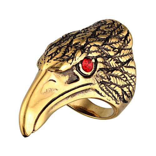 Złoty sygnet stalowy GŁOWA KRUKA z czerwonymi oczami.jpg