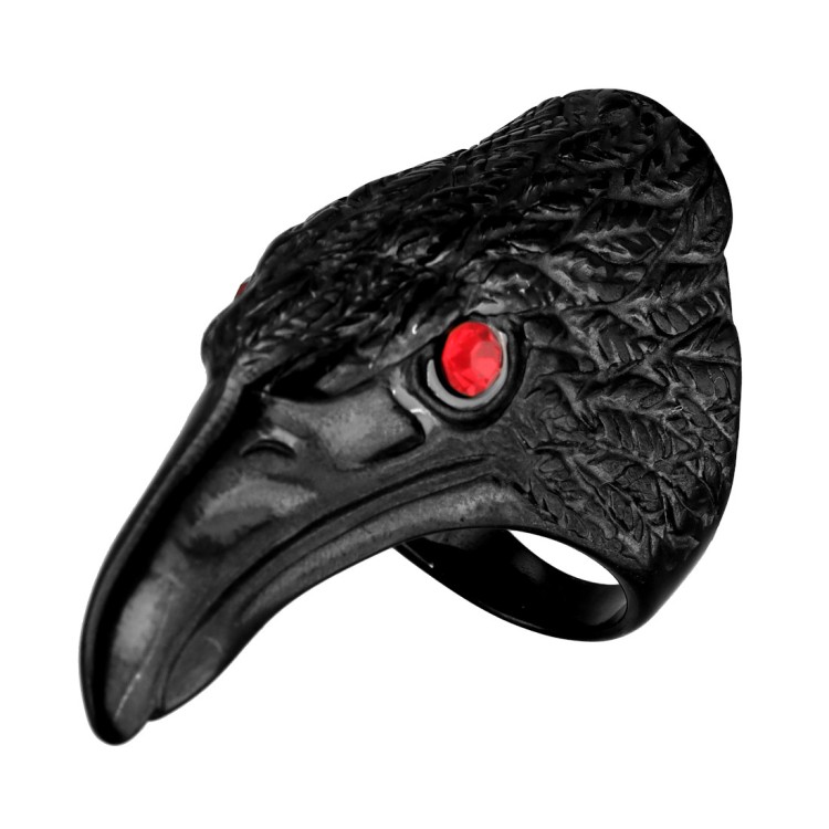 Czarny sygnet stalowy GŁOWA KRUKA z czerwonymi oczami.jpg