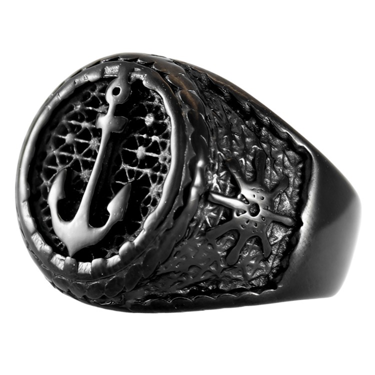 Czarny sygnet stalowy z kotwicą.jpg