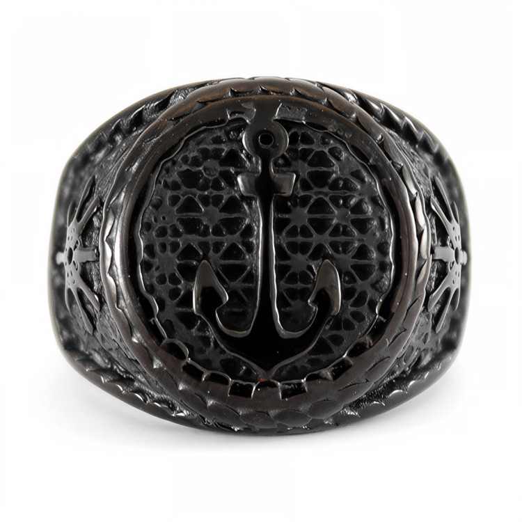 Czarny sygnet stalowy z kotwicą.jpg