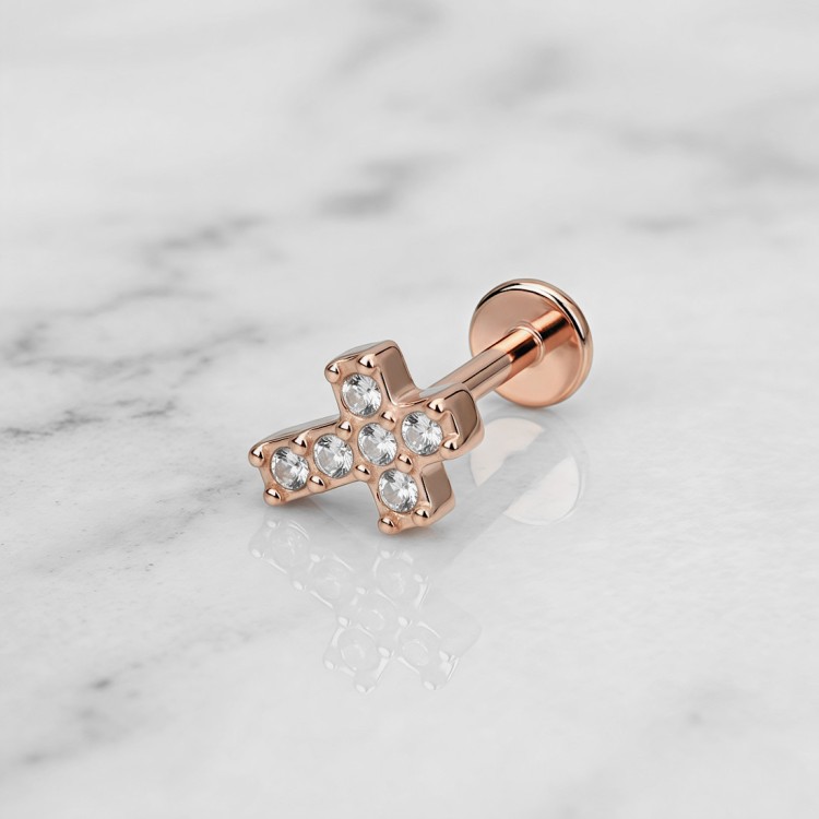 Złoty labret ze stali szlachetnej KRZYŻYK z cyrkoniami.jpg