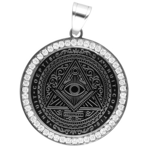 Stalowy medalion z symbolem oka opatrzności i cyrkoniami.jpg