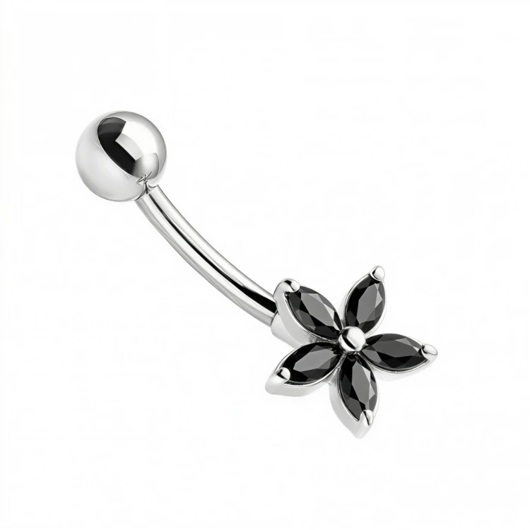 Kolczyk do pępka ze srebra w kształcie kwiatka z czarnymi cyrkoniami.jpg