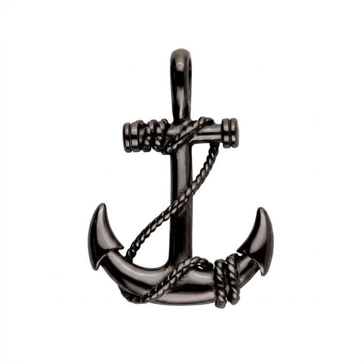 Czarna zawieszka stalowa w kształcie kotwicy z liną