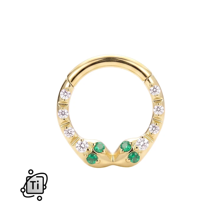 Złote tytanowe kółko clicker z motywem żmijek z cyrkoniami