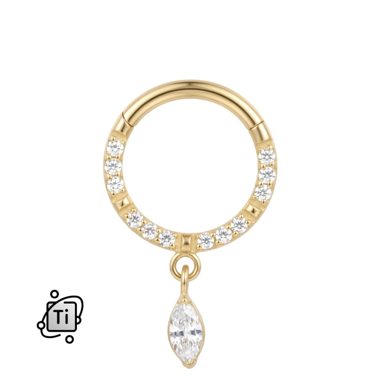Złoty clicker tytanowy z wiszącą cyrkonią