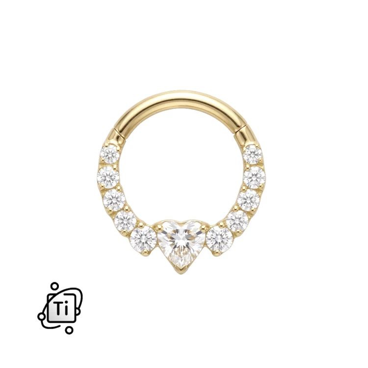 Złoty tytanowy clicker z serduszkiem i cyrkoniami Crystal