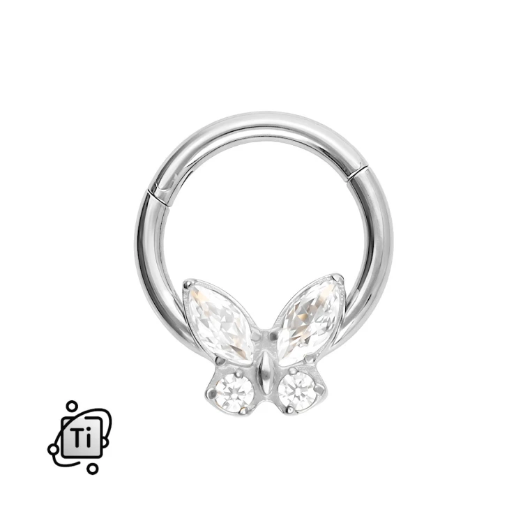 Tytanowy clicker srebrny motyl z cyrkoniami