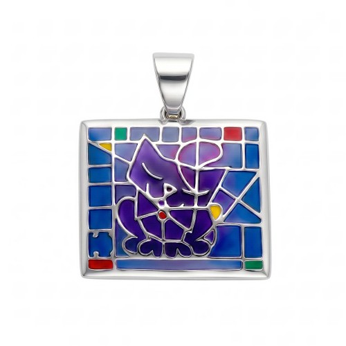 Stalowy kwadratowy wisiorek z motywem kota i kolorową emalią