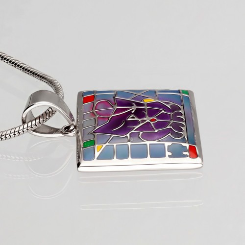 Stalowy kwadratowy wisiorek z motywem kota i kolorową emalią