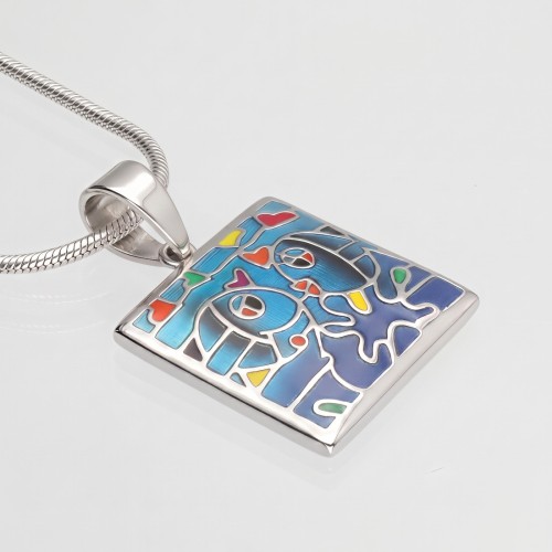 Prostokątna zawieszka ze stali z motywem ryb i kolorową emalią