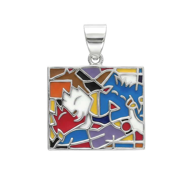 Kwadratowa zawieszka ze stali z motywem chłopca i psa w formie witrażu