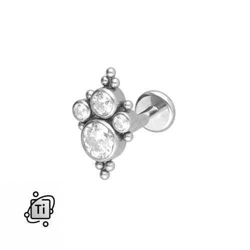 Tytanowy ornamentowy labret z czterema cyrkoniami i kuleczkami