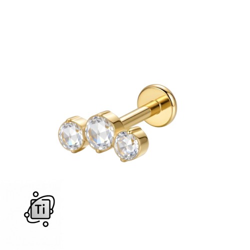 Złoty labret tytanowy z gwintem wewnętrznym w formie łuku z trzema cyrkoniami