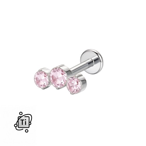 Labret tytanowy z gwintem wewnętrznym w formie łuku z trzema różowymi cyrkoniami