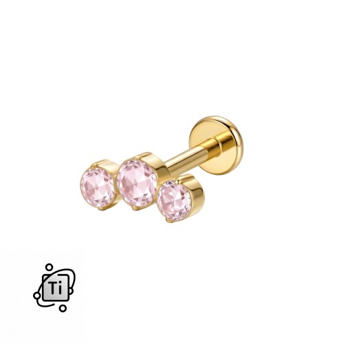 Złoty labret tytanowy z gwintem wewnętrznym w formie łuku z trzema różowymi cyrkoniami