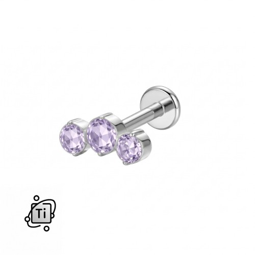 Labret tytanowy z gwintem wewnętrznym w formie łuku z trzema lawendowymi cyrkoniami