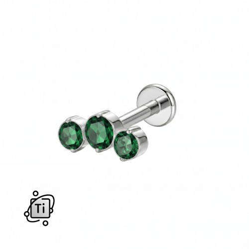Labret tytanowy z gwintem wewnętrznym w formie łuku z trzema szmaragdowymi cyrkoniami