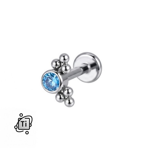 Labret tytanowy MAŁY ŁUK z błękitną cyrkonią i kulkami