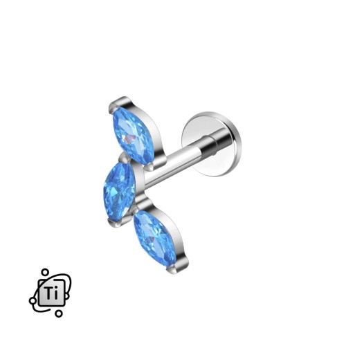 Labret tytanowy z trzema błękitnymi cyrkoniami marquise