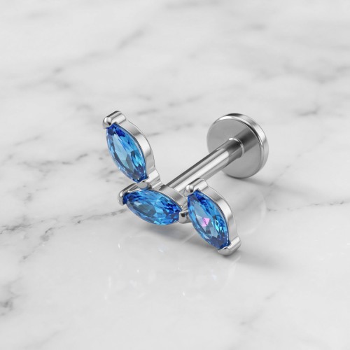 Labret tytanowy z trzema błękitnymi cyrkoniami marquise