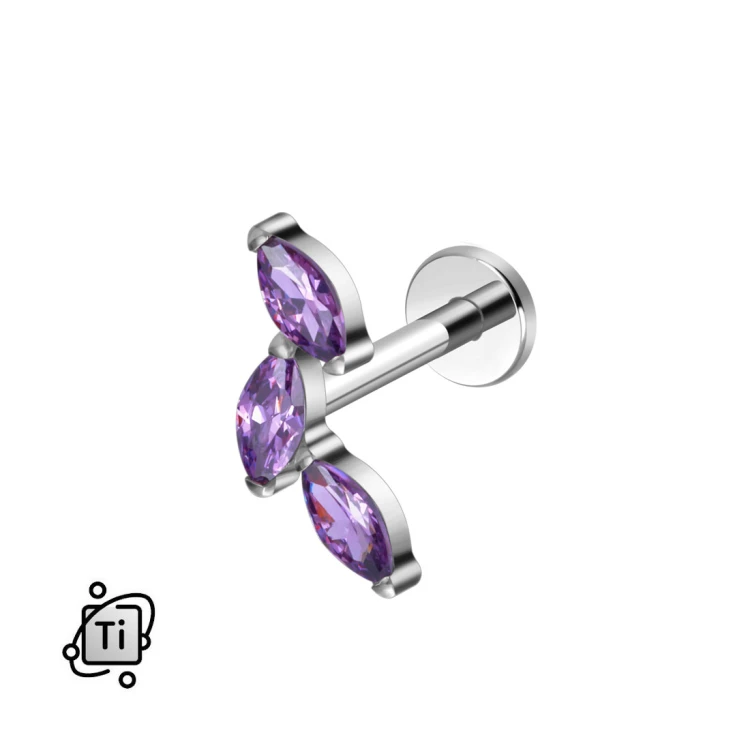 Labret tytanowy z trzema fioletowymi cyrkoniami marquise