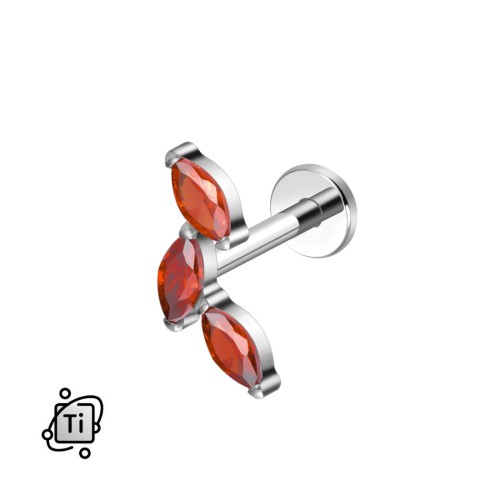Labret tytanowy z trzema czerwonymi cyrkoniami marquise