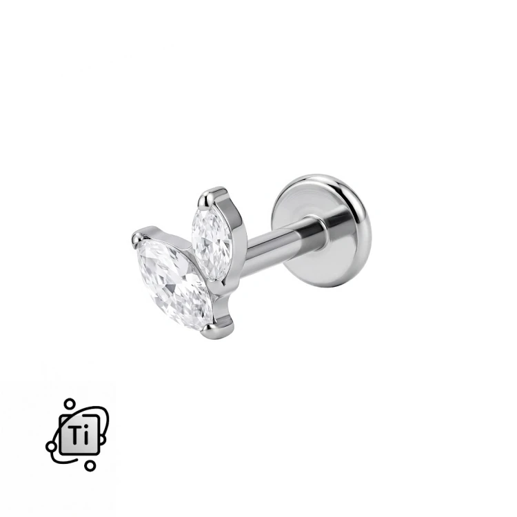 Tytanowy labret z dwiema cyrkoniami marquise