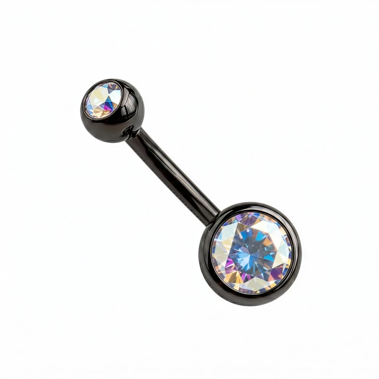 Czarny kolczyk do pępka ze Stali 316L z cyrkoniami Crystal AB