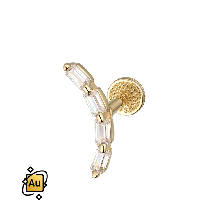 Labret ze Złota 14K z cyrkoniami o szlifie bagietkowym w łuku