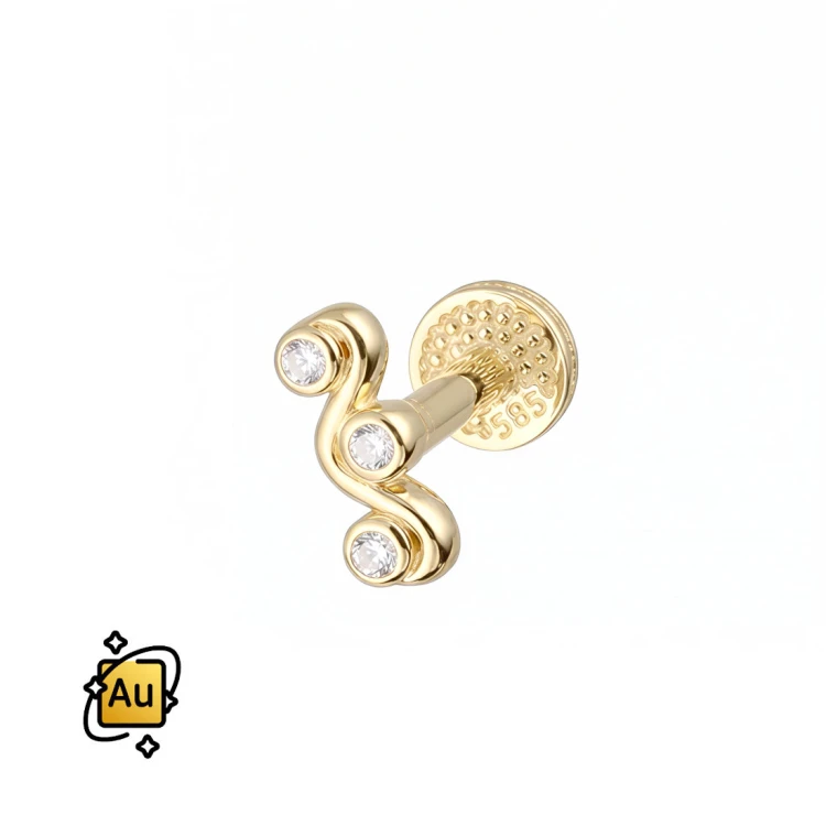 Labret ze złota 14K w formie fali z trzema cyrkoniami