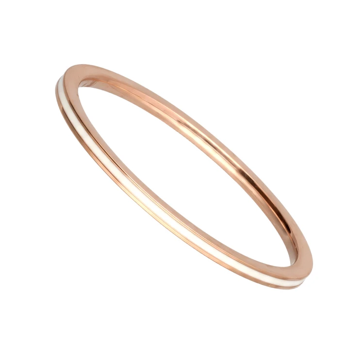 Cienka obrączka stalowa rose gold z emaliowanym białym pasem
