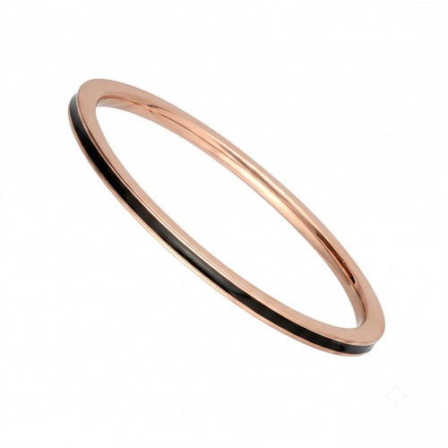 Cienka obrączka stalowa rose gold z emaliowanym czarnym paskiem