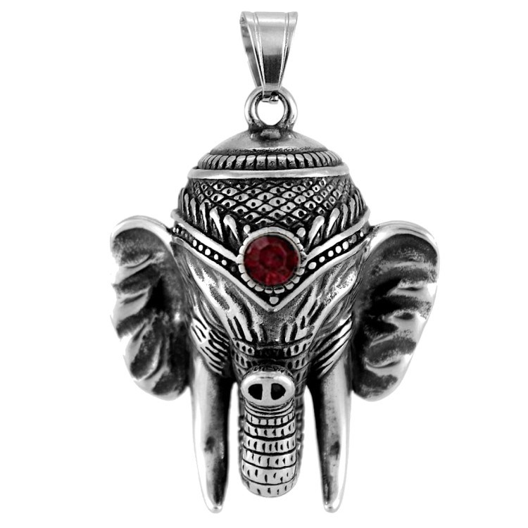 Orientalny stalowy wisior w formie głowy słonia z rubinowym oczkiem