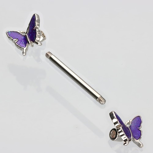 Stalowy kolczyk do sutka z nakrętkami w kształcie fioletowych motylków